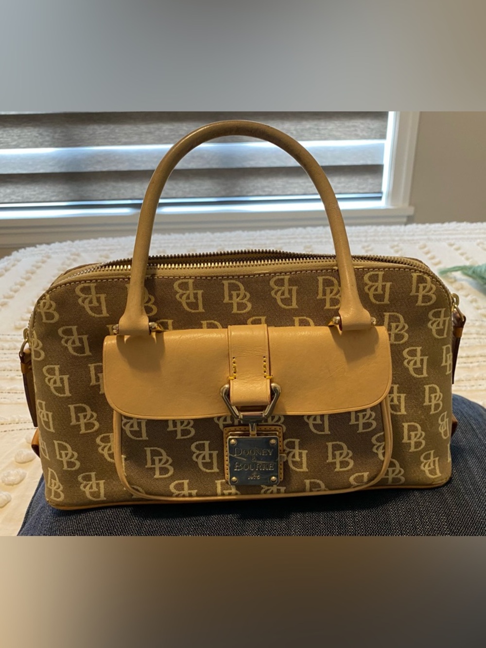Dooney & Bourke Brown Logo Satchel with Tan Trim and Gold Hardware
